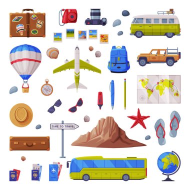 Harita, Kamera ve Sırt Çantası Vektörü Seti Gibi Turizm Özniteliğiyle Seyahat Zamanı