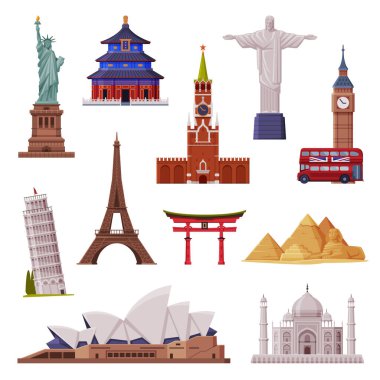 Eyfel Kulesi ve Özgürlük Heykeli Vektörü Seti Gibi Şehir Simgesi ile Seyahat Zamanı