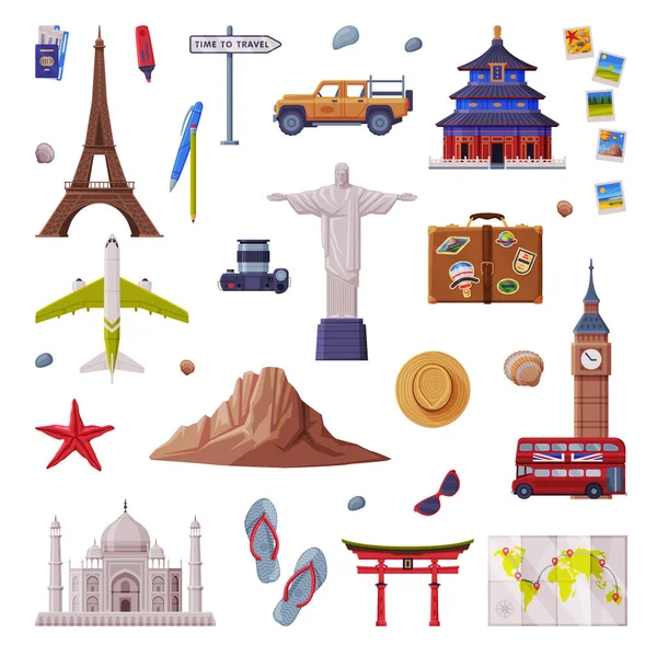 Travel Time with City Landmarks and Trip Attributes Like Luggage Bag, Camera and Passport Vector Set — Stock Vector