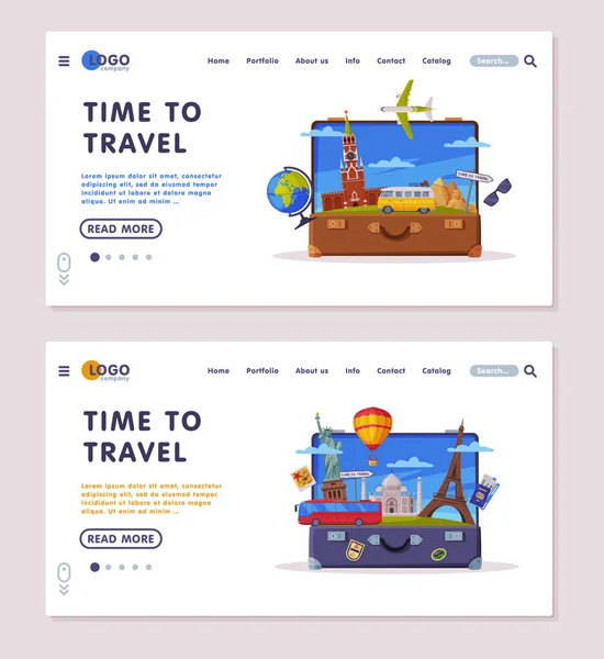 Resor eller turism webbplats landning sida med öppen väska och resa attribut vektor mall set — Stock vektor
