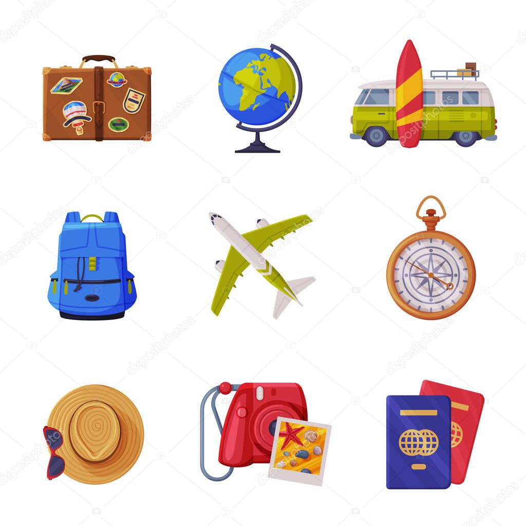 Travel Time with Tourism Attribute Like Globe, Airplane and Backpack Vector Set