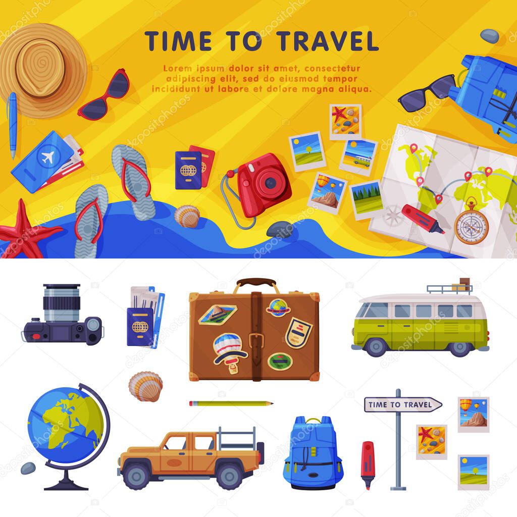 Travel Time Background with Tourism Attribute Like Globe, Camera and Backpack Vector Set