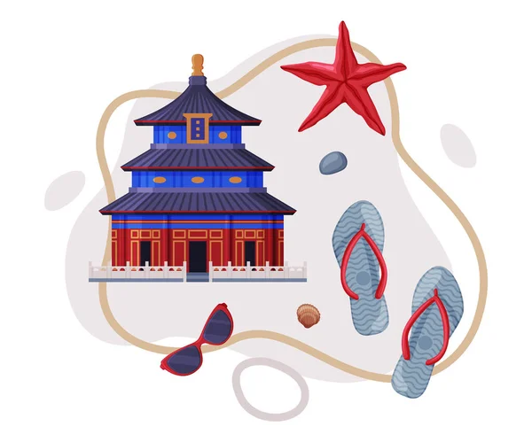 Reizen en toerisme Attribuut met China Tempel als stad oriëntatiepunt Vector Samenstelling — Stockvector