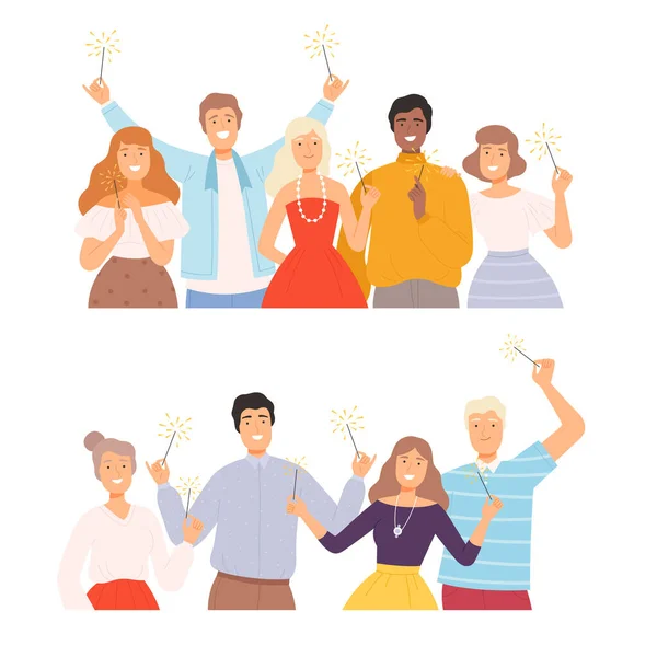 Grupo de personas felices con el conjunto de chispas ardientes, hombres y mujeres alegres celebrando vacaciones juntos Dibujos animados Estilo Vector Ilustración — Vector de stock