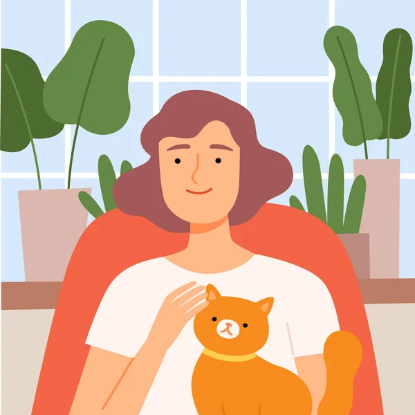 Νεαρή γυναίκα επικοινωνώντας σε απευθείας σύνδεση από το σπίτι, Video Call, Κορίτσι με την γάτα της Συνομιλία με τους φίλους ή να εργάζονται σε απευθείας σύνδεση κατά τη διάρκεια της καραντίνας ή απομόνωσης εικονογράφηση Cartoon Vector — Διανυσματικό Αρχείο