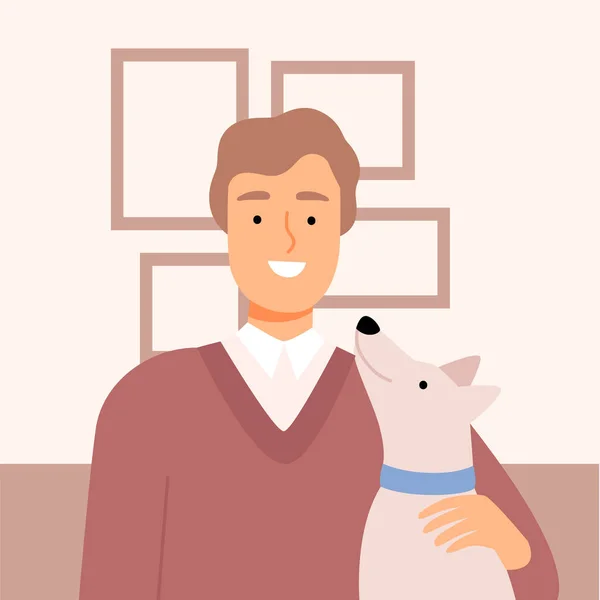 Jeune homme souriant communiquant en ligne depuis la maison, Guy avec son chien bavardant avec des amis ou travaillant en ligne pendant la quarantaine ou l'isolement Illustration vectorielle — Image vectorielle
