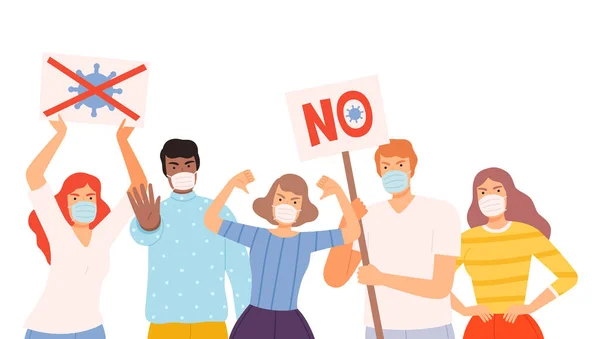 Grupo de pessoas vestindo máscaras protetoras de rosto médico segurando sinais de parada protestando contra a propagação do Coronavirus Cartoon Style Vector Illustration — Vetor de Stock
