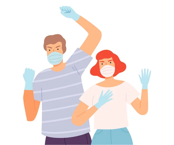 コロナウイルス感染症のまん延に対する保護医療用フェイスマスクと手袋の抗議漫画スタイルベクトルイラストを身に着けている男と女 — ストックベクタ