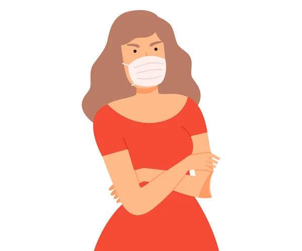 Giovane donna che indossa maschera protettiva viso medico protesta contro la diffusione del virus e la disoccupazione causata dalla pandemia stile cartone animato vettoriale Illustrazione — Vettoriale Stock