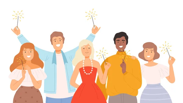 Группа счастливых людей, держащих сжигающих искры вместе, радостных мужчин и женщин, празднующих праздники События Мультфильм стиль вектор иллюстрации — стоковый вектор