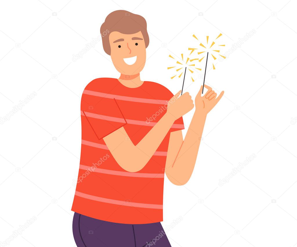 Happy Smiling Man Holding Burning Sparklers, Joyful Guy Celebrating Holiday Event Cartoon Style Vector Illustration