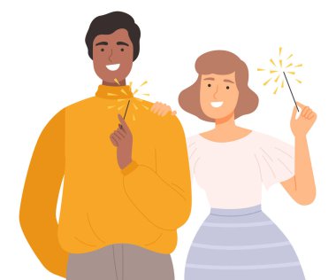 Mutlu Gülümseyen Çift Yanan Maytap, Neşeli Adam ve Kadın Birlikte Karikatür Tarzı Resmini Kutluyor