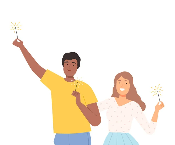 Happy Couple with Burning Sparklers, Smiling Man and Woman Celebrating Holiday Event Together Cartoon Style Vector Illustration — 스톡 벡터