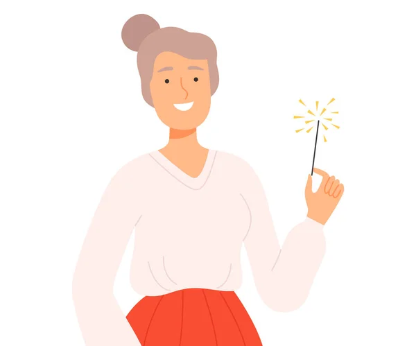 Femme heureuse avec des étincelles brûlantes, personne joyeuse célébrant l'événement de vacances Illustration vectorielle de style bande dessinée — Image vectorielle