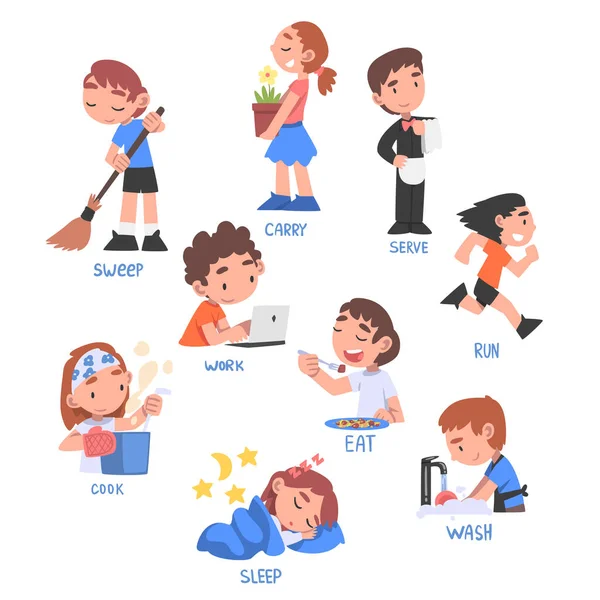 アクション動詞セット、子供教育コンセプト、かわいい子供たちが活動を行う漫画スタイルベクトルイラスト — ストックベクタ