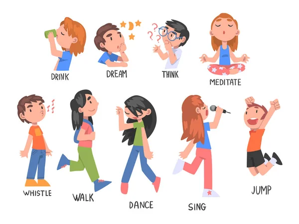 Verbs Expressing Actions Set, Children Education Concept, Cute Kids Doing Activities Cartoon Style Vector Illustration — Stock Vector