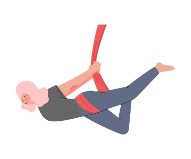 Hava Yogası Yapan Kız, Spor Giyimi Giyen Sıska Genç Kadın Havacılık Yogası Yapan ve Hamakla Uçan Sağlıklı Yaşam Tarzı, Spor Konsepti Çizgi Film Tarzı Çizim Çizimi