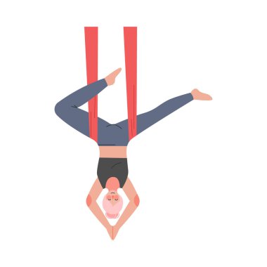 Hava Yogası Yapan Kız, Spor Giyim Sıska Genç Kadın Aero Yoga Uygulaması Hamaklı Ters Duruş, Sağlıklı Yaşam Tarzı, Spor Antrenmanı Çizgi Film Stili Vektör Çizimi