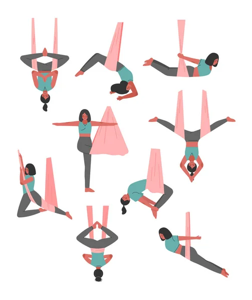 Meisje doet Air Yoga Set, Slim jonge vrouw oefenen vliegende anti-zwaartekracht yoga met hangmat, gezonde Lifestyle Concept Cartoon Style Vector Illustratie — Stockvector