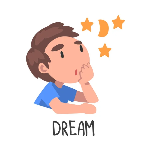 Palabra de sueño, el verbo que expresa la acción, concepto de educación para niños, tierna ilustración vectorial del estilo de dibujos animados de Dreaming Boy — Vector de stock