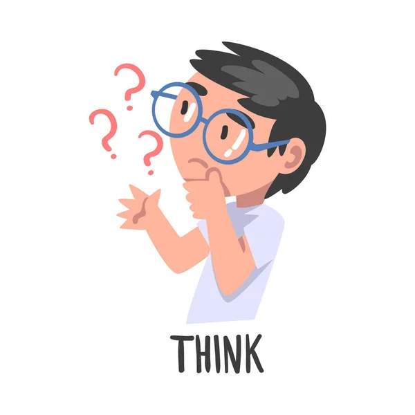 Think Word, le verbe Exprimer l'action, Concept d'éducation des enfants Cartoon Style, Cute Thinking Boy Illustration vectorielle — Image vectorielle