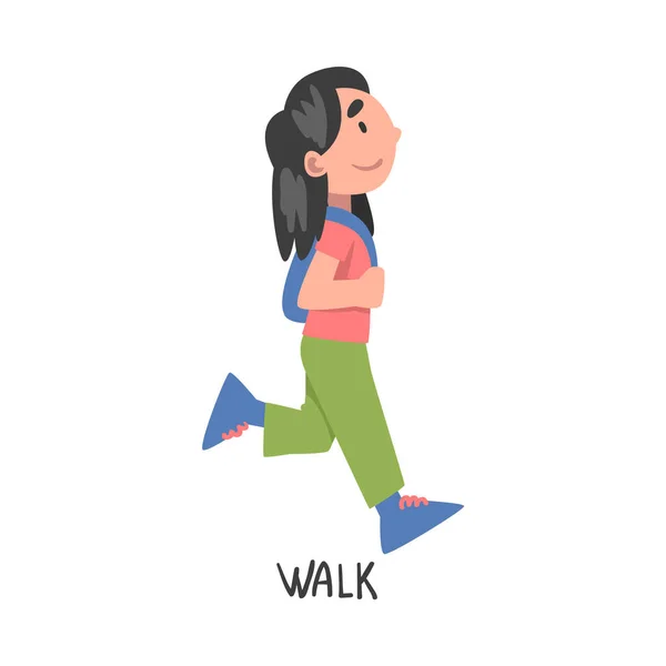 Прогулочное слово, глагол, выражающий действие, детское образование, вектор мультика "Симпатичная ходячая девочка" — стоковый вектор