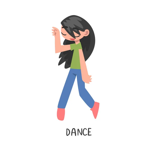 Dance Word, het werkwoord Expressen van de actie, Kinderen Onderwijs Concept, Cute Dancing Girl Cartoon Style Vector Illustratie — Stockvector