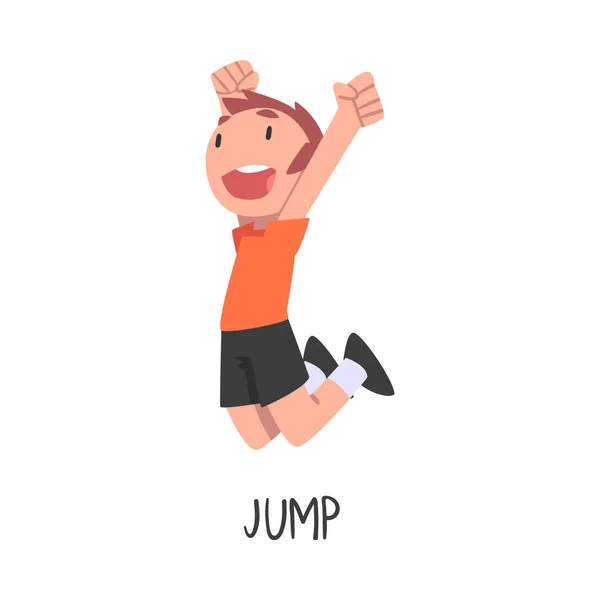 Jump Word, het werkwoord Uitdrukken van de actie, Children Education Concept, Cute Jumping Boy Cartoon Style Vector Illustratie — Stockvector