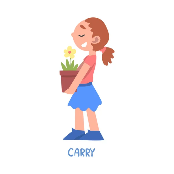 Carry Word, the Verb Exploring the Action, Children Education, Cute Girl Carling Flower Pot Cartoon Style Vector — стоковый вектор