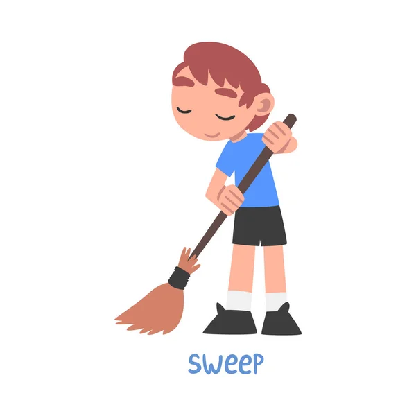 Sweep Word, het werkwoord Express the Action, Children Education Concept, Cute Boy Sweeping with Broom Cartoon Style Vector Illustratie — Stockvector