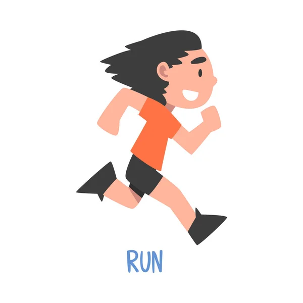 Run Word, het werkwoord Express the Action, Children Education Concept, Cute Running Boy Cartoon Style Vector Illustratie — Stockvector