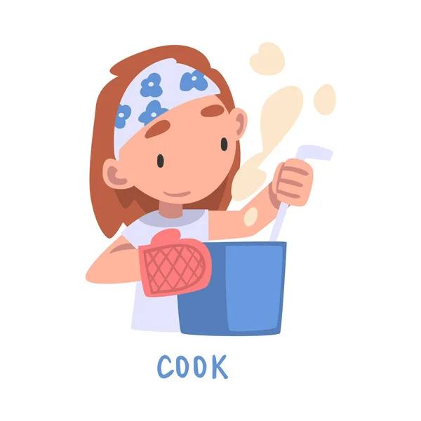 Cocinar la palabra, el verbo que expresa la acción, concepto de educación infantil, linda chica que cocina en la cocina Dibujos animados Estilo Vector Ilustración — Vector de stock