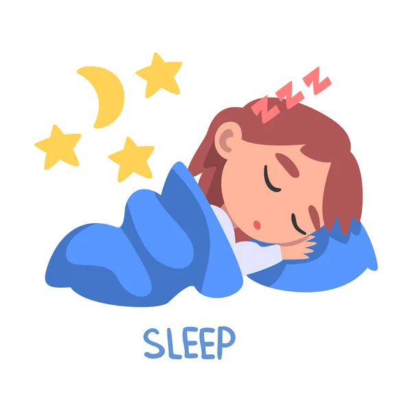 睡眠词、表达动作的动词、儿童教育概念、可爱睡眠女孩卡通风格的病媒图解 — 图库矢量图片