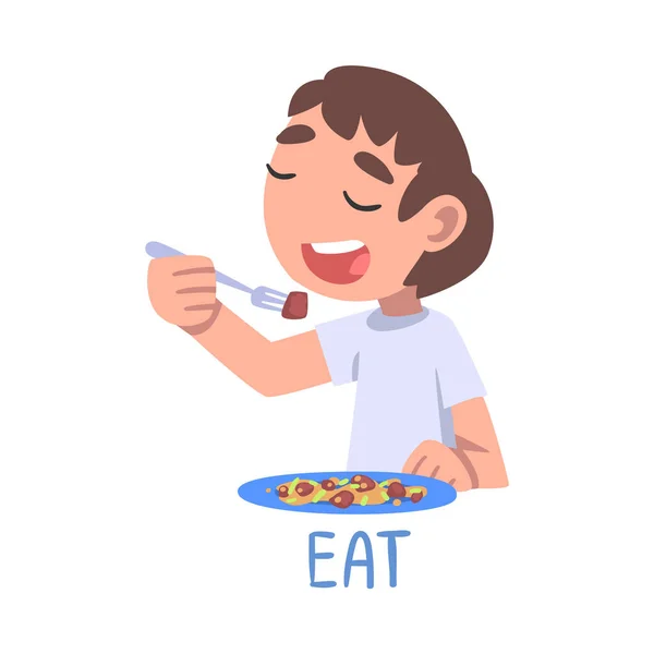 Eat Word, das Verb, das die Handlung ausdrückt, Kinderbildungskonzept, Netter Junge Essen am Tisch Cartoon Style Vector Illustration — Stockvektor