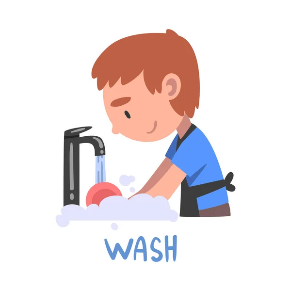 Lavar la palabra, el verbo que expresa la acción, el concepto de educación de los niños, Cute Boy Washing the Dish Cartoon Style Vector Illustration — Vector de stock