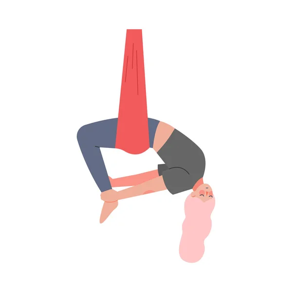 ( 영어 ) Girl Doing Air Yoga, Slim Young Woman in Sportswear Practicing Aero Yoga with Hammock, Healthy Lifestyle, Fitness Workout Concept Cartoon Style Vector Illustration — 스톡 벡터