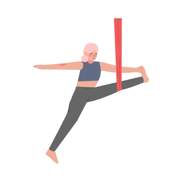 Meisje doet Air Yoga, Slim Jonge Vrouw in Sportkleding Oefenen Aero Yoga Stretching Pose, Gezonde Lifestyle, Fitness Workout Cartoon Style Vector Illustratie — Stockvector