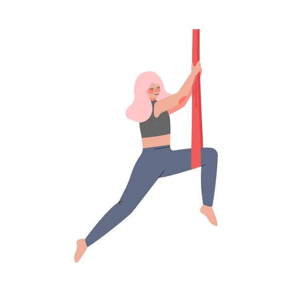 Meisje doet Air Yoga, Slim Jonge Vrouw in Sportkleding Oefenen Stretching Asana met hangmat, gezonde Lifestyle, Fitness Workout Concept Cartoon Style Vector Illustratie — Stockvector