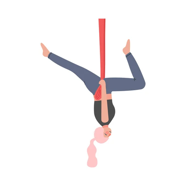 Meisje doet Air Yoga, Slim jonge vrouw in sportkleding oefenen omgekeerde asana met hangmat, gezonde Lifestyle, Fitness Workout Concept Cartoon Style Vector Illustratie — Stockvector