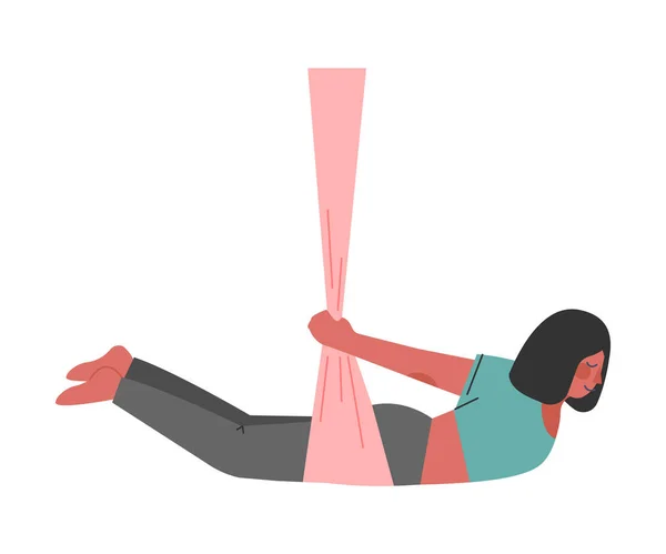 Meisje doet Air Yoga, slanke vrouw i oefenen vliegende anti-zwaartekracht yoga asana met hangmat, gezonde levensstijl concept cartoon stijl vector illustratie — Stockvector