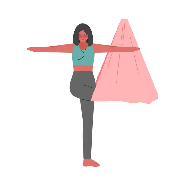 Meisje doet Air Yoga, Slim jonge vrouw oefenen van vliegende anti-zwaartekracht yoga met hangmat, gezonde Lifestyle Concept Cartoon Style Vector Illustratie — Stockvector