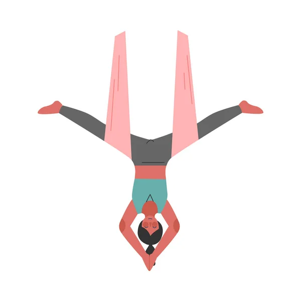 Meisje doet Air Yoga, slanke jonge vrouw in sportkleding oefenen vliegende anti-zwaartekracht yoga strekken Asana, fitness workout cartoon stijl vector illustratie — Stockvector