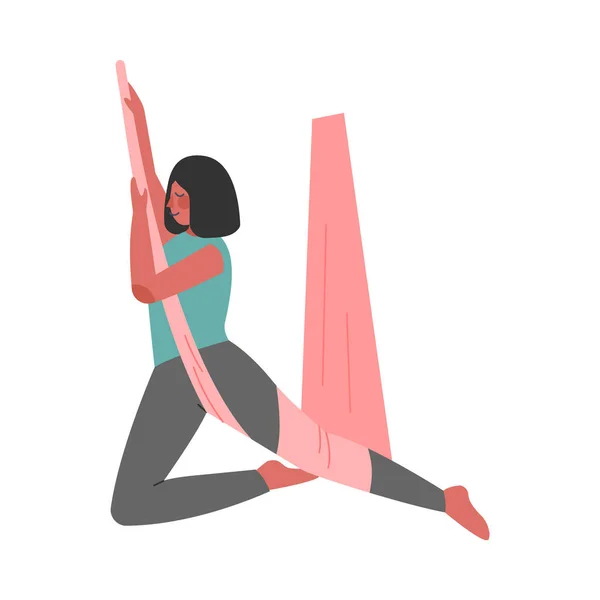 Meisje doet Air Yoga, Slim Meisje in Sportkleding Oefenen Flying Anti Zwaartekracht Yoga met hangmat Cartoon Style Vector Illustratie — Stockvector