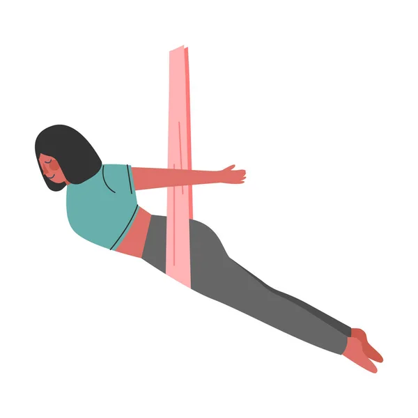 Meisje doet Air Yoga, slanke jonge vrouw oefenen vliegende anti-zwaartekracht yoga en balanceren met hangmat, gezonde levensstijl concept cartoon stijl vector illustratie — Stockvector