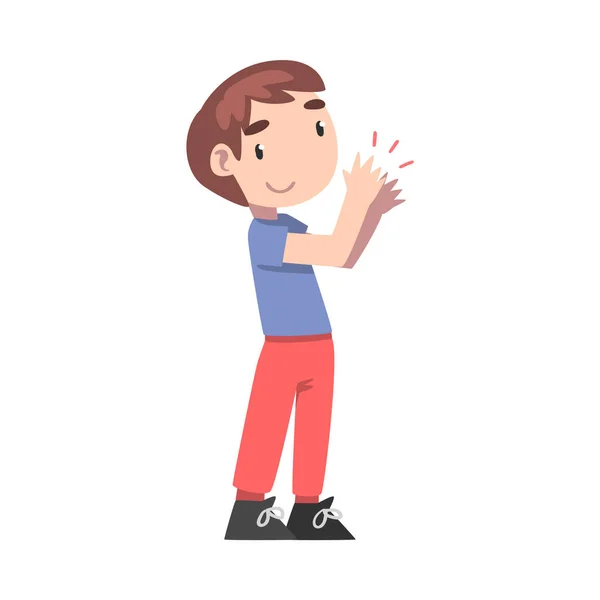 Lindo niño aplaudiendo sus manos, niño feliz expresando disfrute, aprecio, deleite ilustración vectorial de estilo de dibujos animados — Vector de stock