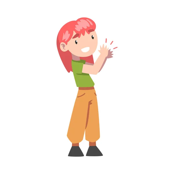 Cute Redhead Little Girl Clapping her Hands, Adorable Kid Expressing Enjoyment, Appreciation, Delight Cartoon Style Vector Illustration — Stock Vector