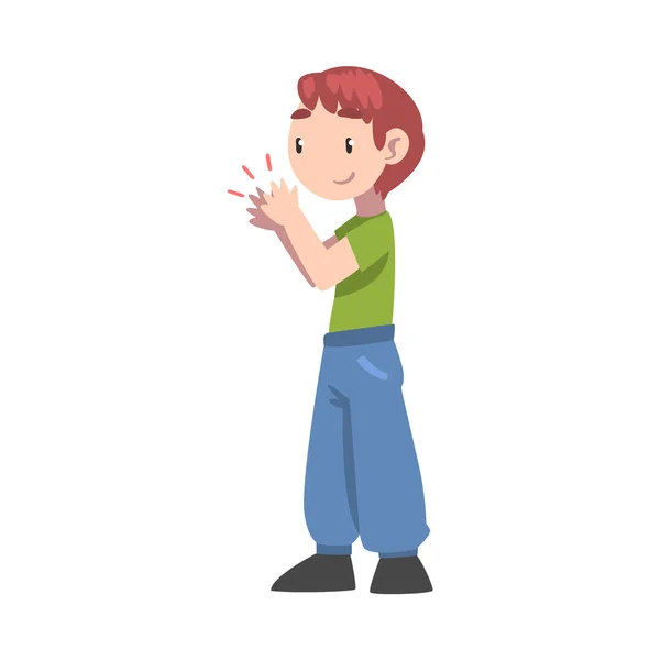 Chico pequeño aplaudiendo sus manos, Niño lindo aplaudiendo expresando disfrute, aprecio, deleite Ilustración vectorial de estilo de dibujos animados — Vector de stock