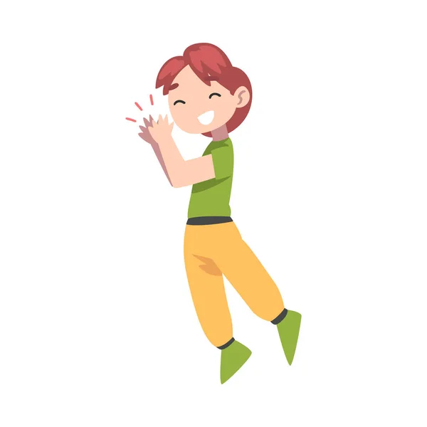 Glücklicher Junge klatscht in die Hände, fröhliches Kind applaudiert und drückt Freude, Wertschätzung, Freude Cartoon-Vektor-Illustration aus — Stockvektor