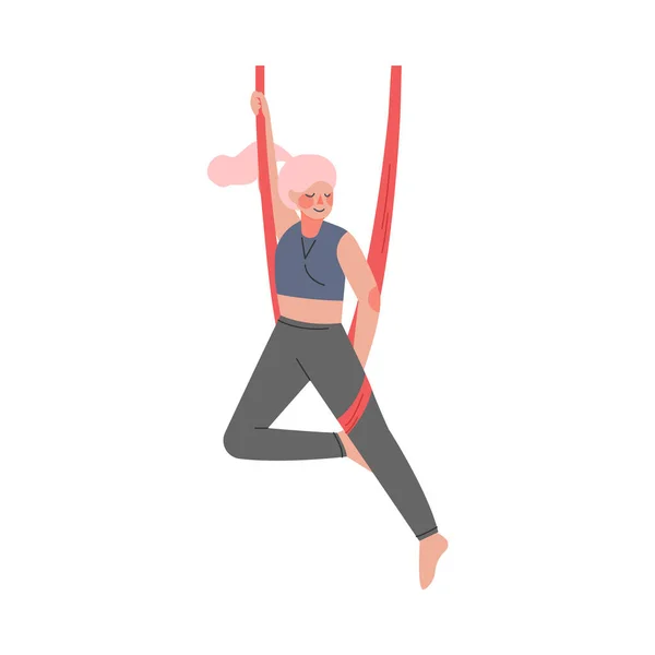 Chica haciendo Air Yoga, Mujer delgada en ropa deportiva practicando Aero Yoga, Estilo de vida saludable, Fitness Workout Concept Cartoon Style Vector Illustration Gráficos vectoriales