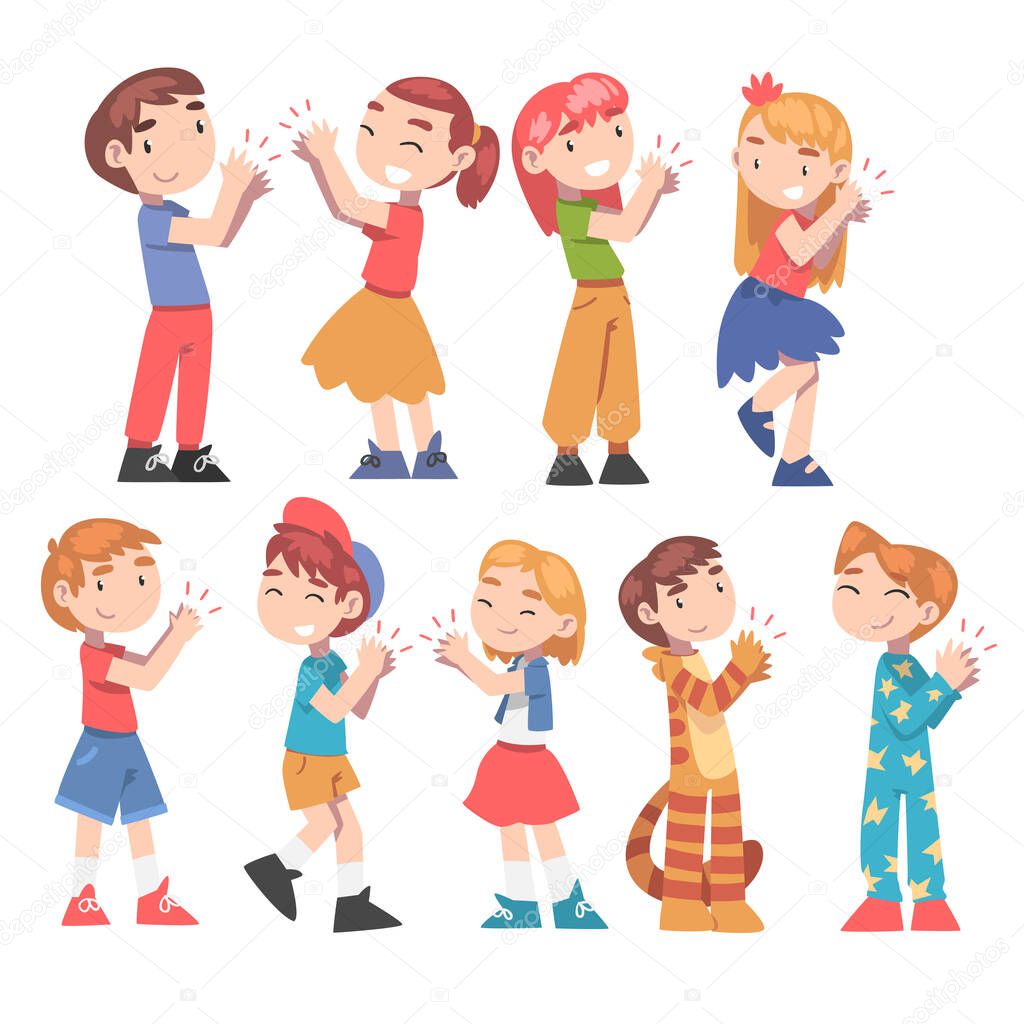 Cute Little Boys and Girls Clapping their Hands Set, Happy Kids Expressing Enjoyment, Appreciation, Delight Cartoon Style Vector Illustration